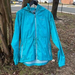 Columbia Teal Hooded Windbreaker Cinched Drawstring Waist Women’s XL